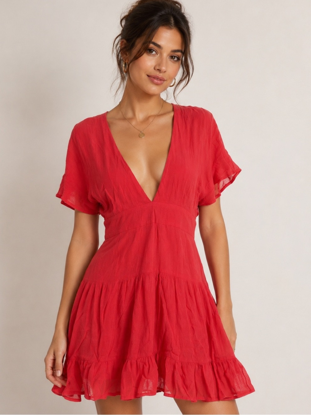 Showpo Red V-Neck Ruffle Mini Dress